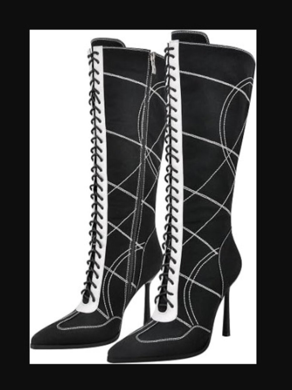 Black and White Pointed Toe Tie Up Under the Knee High Boots. Heel Height - 4.33